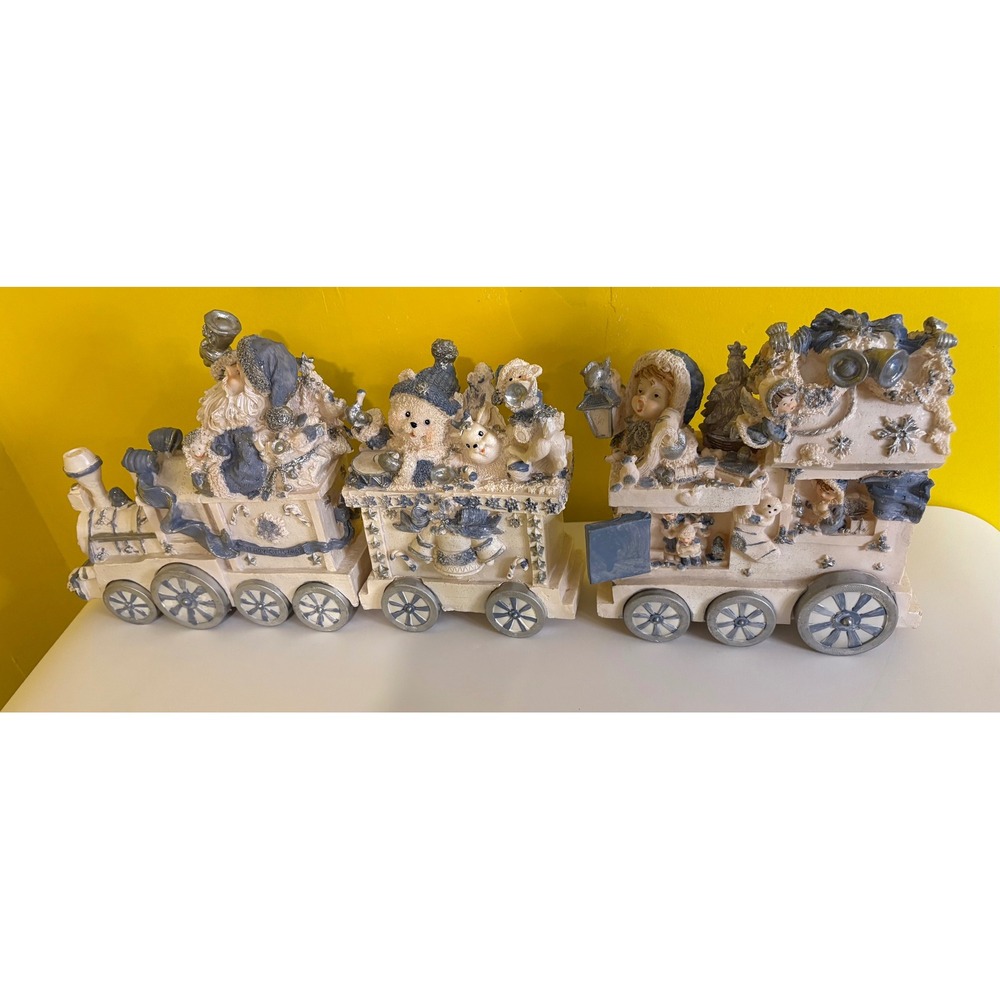 Shabby Chic Christmas Santa Train Set 3 Piece Holiday Mantel Decor Blue White
